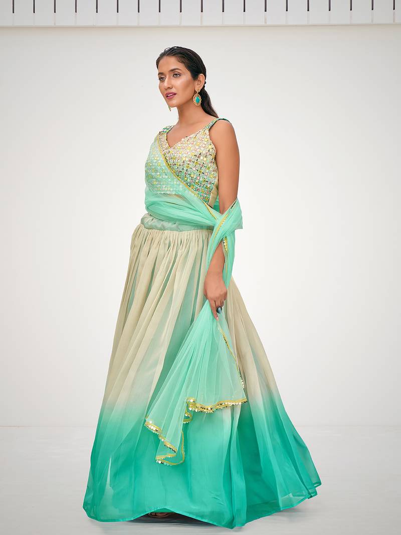 Designer Blue or Cream Organza Based Printed Party Wear Lehenga Choli