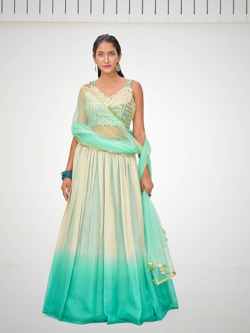 Designer Blue or Cream Organza Based Printed Party Wear Lehenga Choli