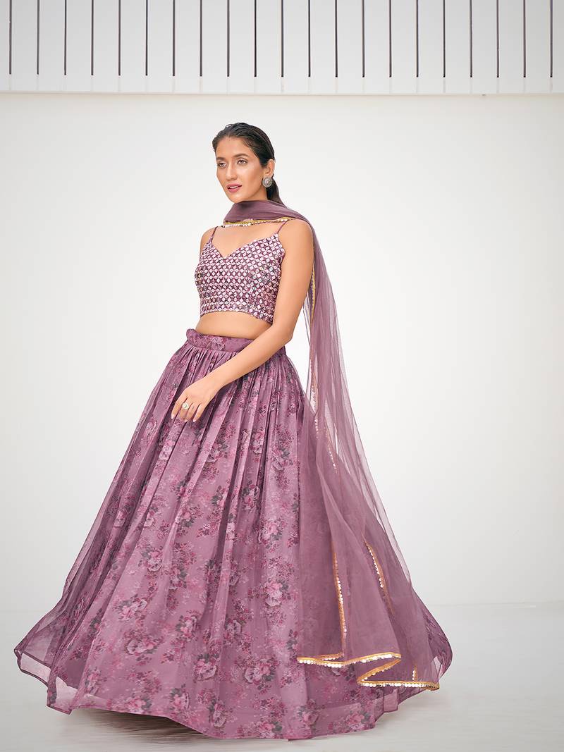 Fashionable Mauve Colored Organza Floral Printed Party Wear Lehenga Choli