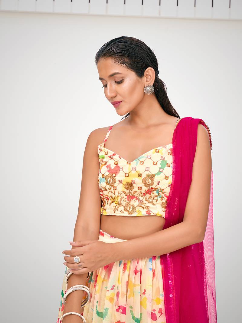 Attractive Cream Organza Digital Printed Party Wear Lehenga Choli