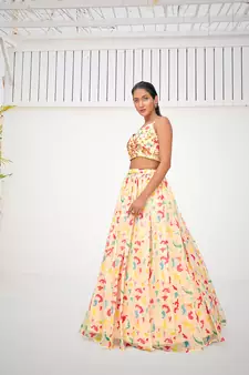 Attractive Cream Organza Digital Printed Party Wear Lehenga Choli