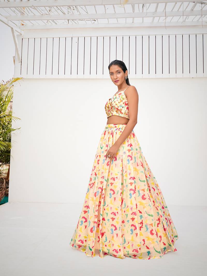Attractive Cream Organza Digital Printed Party Wear Lehenga Choli