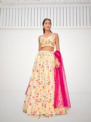 Attractive Cream Organza Digital Printed Party Wear Lehenga Choli 1
