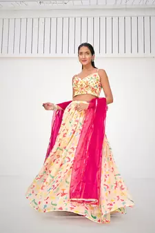 Attractive Cream Organza Digital Printed Party Wear Lehenga Choli