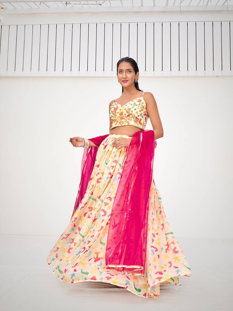 Attractive Cream Organza Digital Printed Party Wear Lehenga Choli