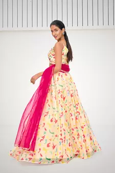 Attractive Cream Organza Digital Printed Party Wear Lehenga Choli