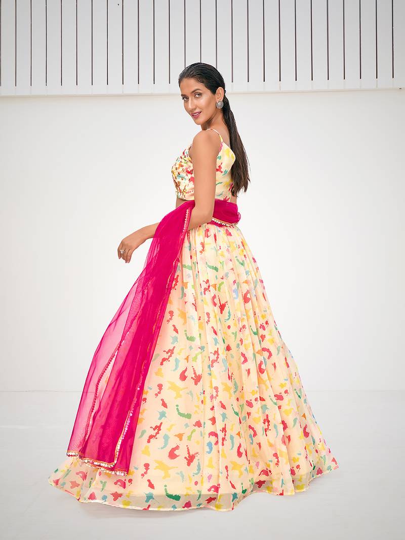 Attractive Cream Organza Digital Printed Party Wear Lehenga Choli
