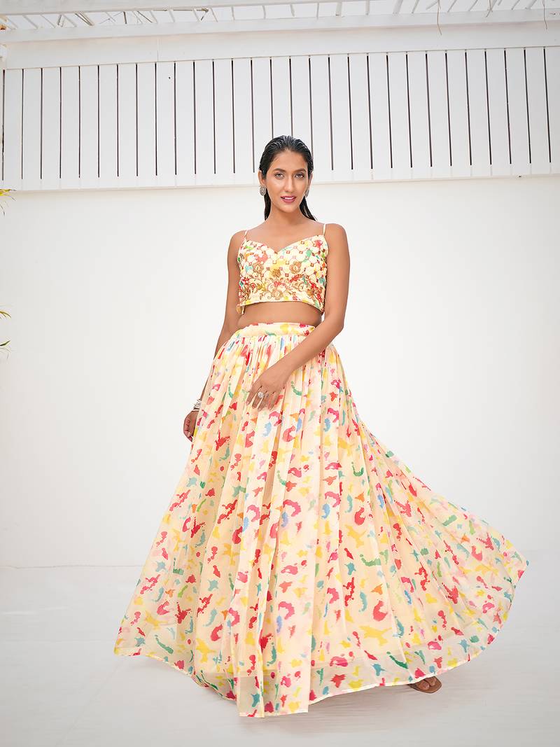 Attractive Cream Organza Digital Printed Party Wear Lehenga Choli