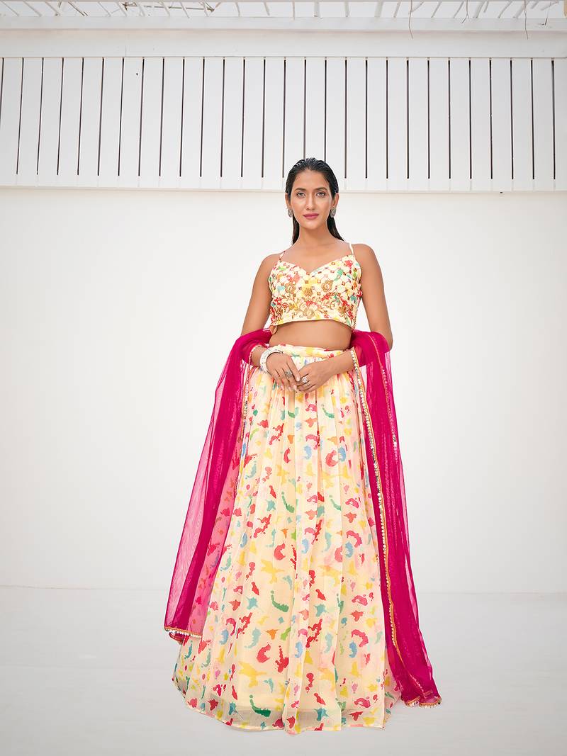 Attractive Cream Organza Digital Printed Party Wear Lehenga Choli