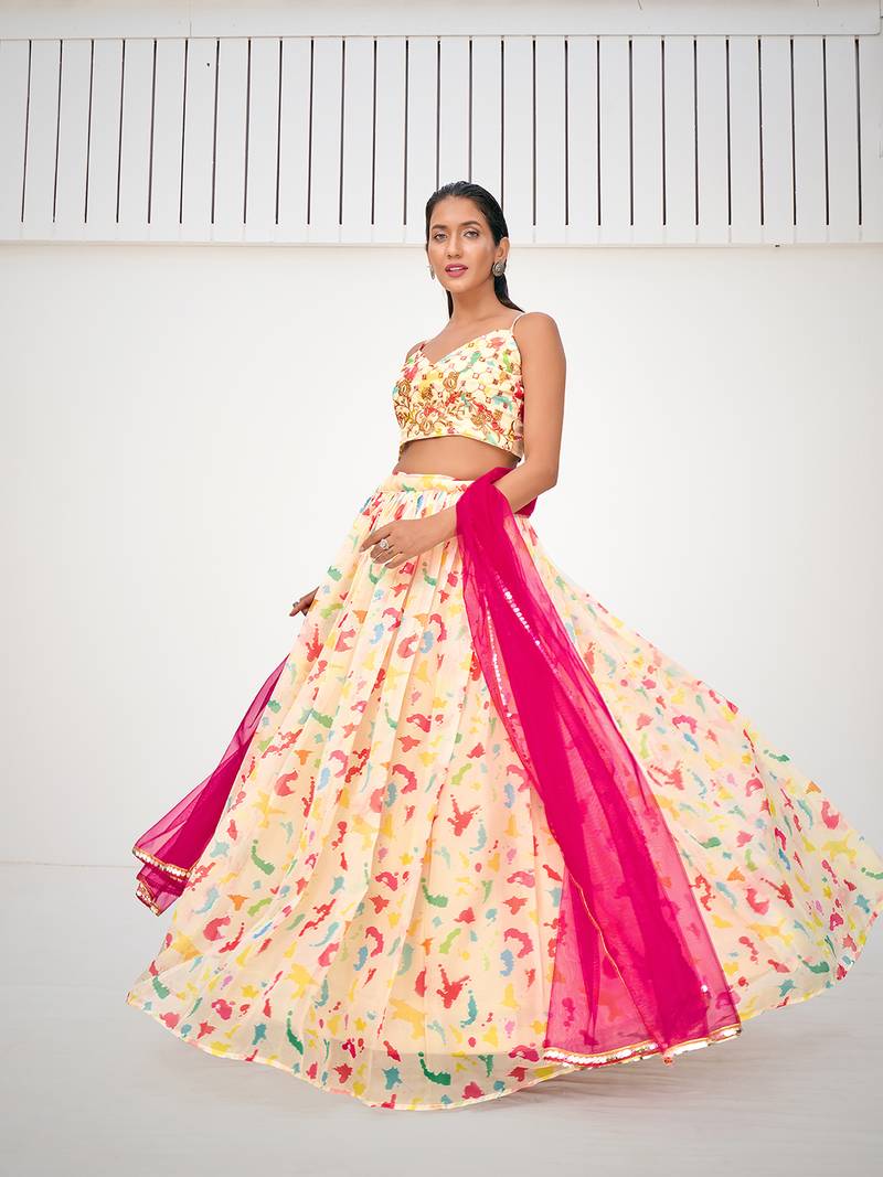 Attractive Cream Organza Digital Printed Party Wear Lehenga Choli