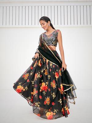 Superior Sable Black Organza Floral Printed Party Wear Lehenga Choli 1