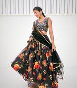 Superior Sable Black Organza Floral Printed Party Wear Lehenga Choli