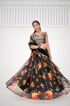 Superior Sable Black Organza Floral Printed Party Wear Lehenga Choli