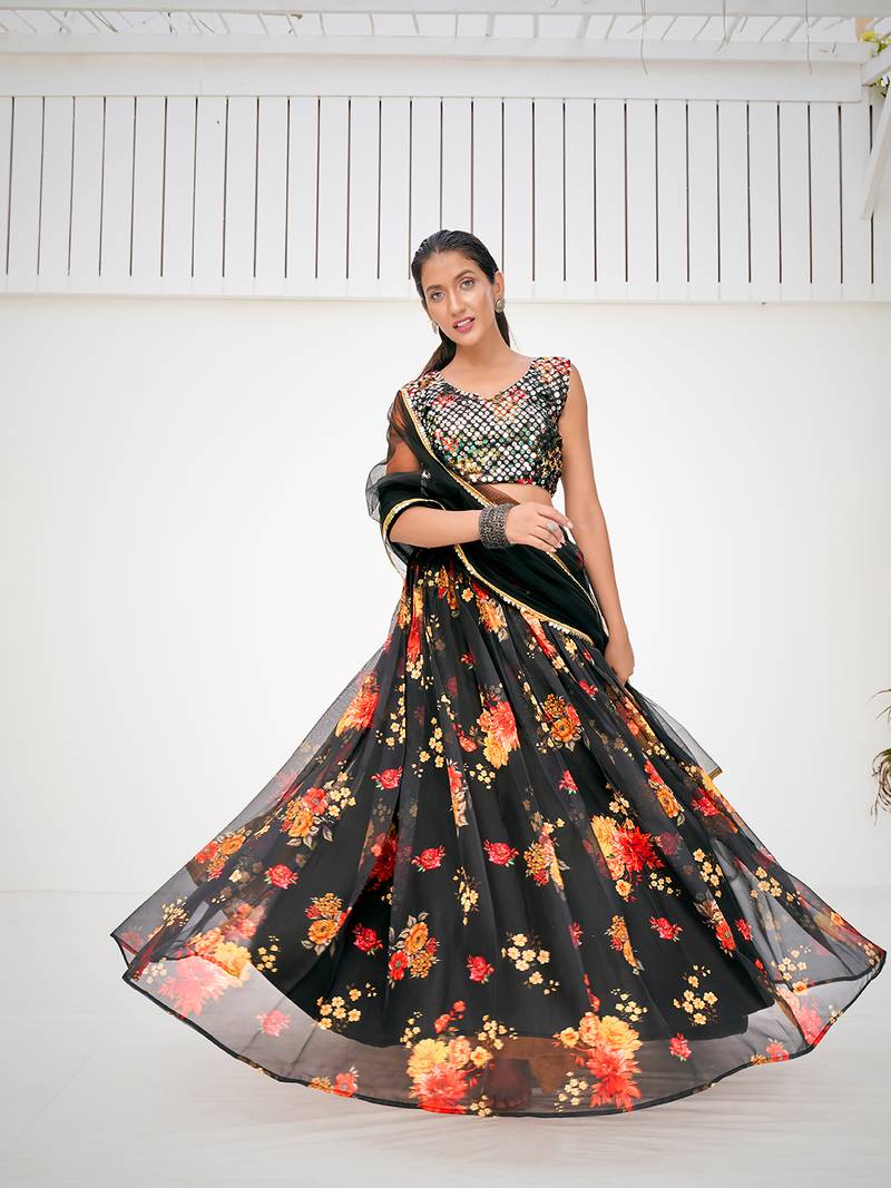 Superior Sable Black Organza Floral Printed Party Wear Lehenga Choli