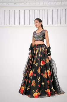 Superior Sable Black Organza Floral Printed Party Wear Lehenga Choli