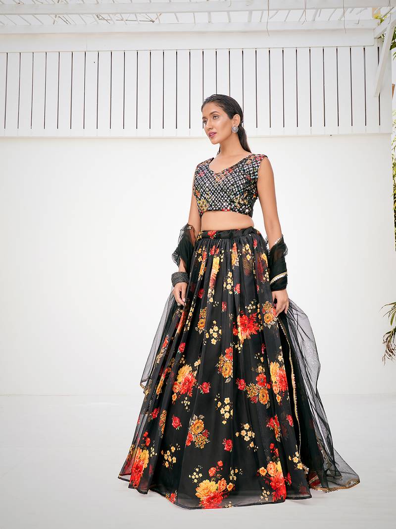 Superior Sable Black Organza Floral Printed Party Wear Lehenga Choli