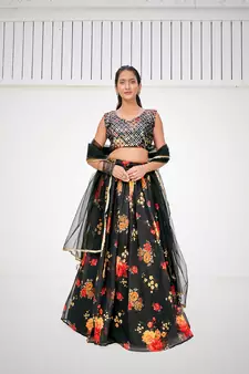 Superior Sable Black Organza Floral Printed Party Wear Lehenga Choli