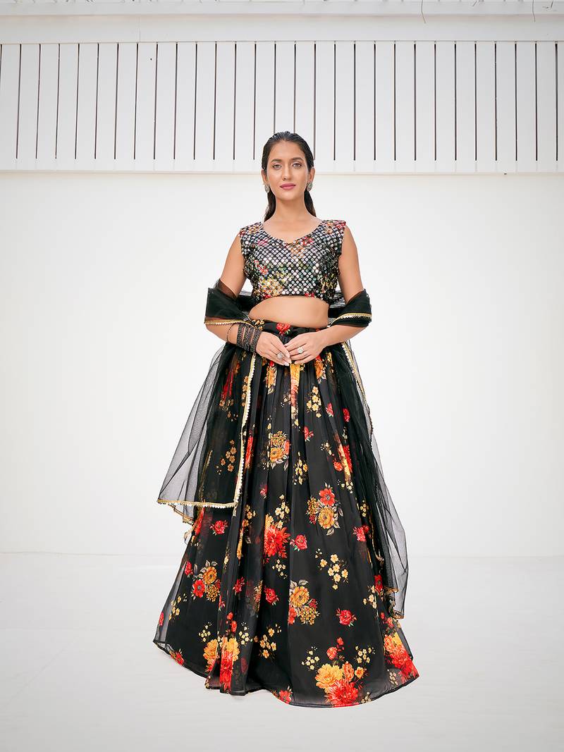 Superior Sable Black Organza Floral Printed Party Wear Lehenga Choli
