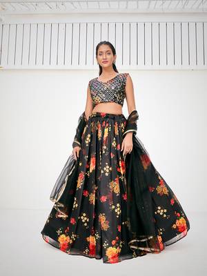 Superior Sable Black Organza Floral Printed Party Wear Lehenga Choli 5