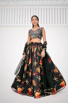 Superior Sable Black Organza Floral Printed Party Wear Lehenga Choli