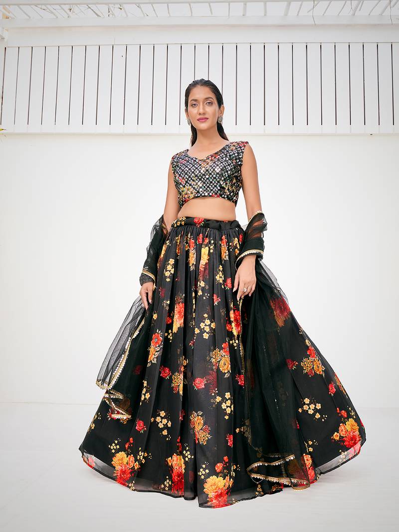 Superior Sable Black Organza Floral Printed Party Wear Lehenga Choli