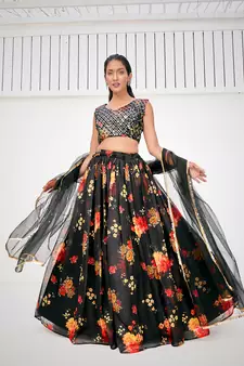 Superior Sable Black Organza Floral Printed Party Wear Lehenga Choli