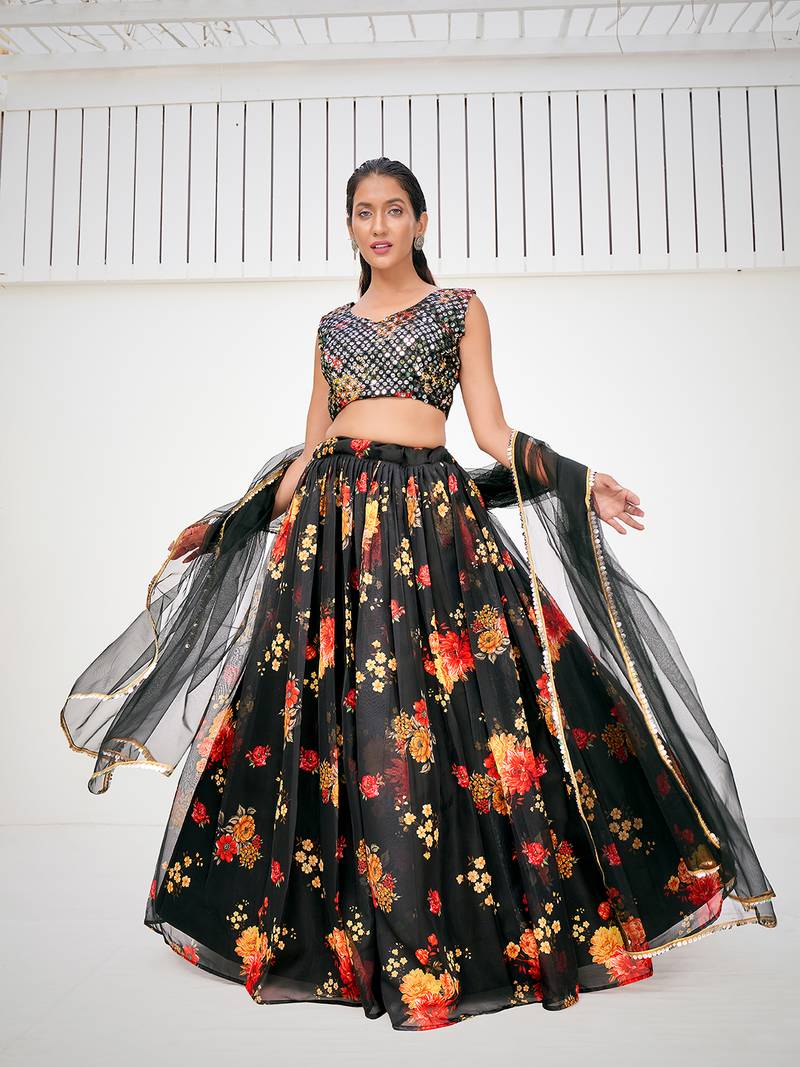 Superior Sable Black Organza Floral Printed Party Wear Lehenga Choli