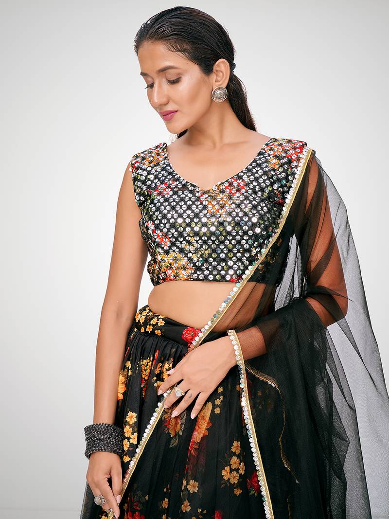 Superior Sable Black Organza Floral Printed Party Wear Lehenga Choli