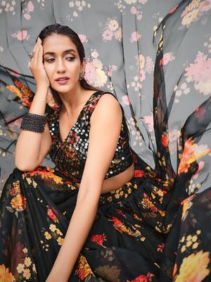 Superior Sable Black Organza Floral Printed Party Wear Lehenga Choli 8