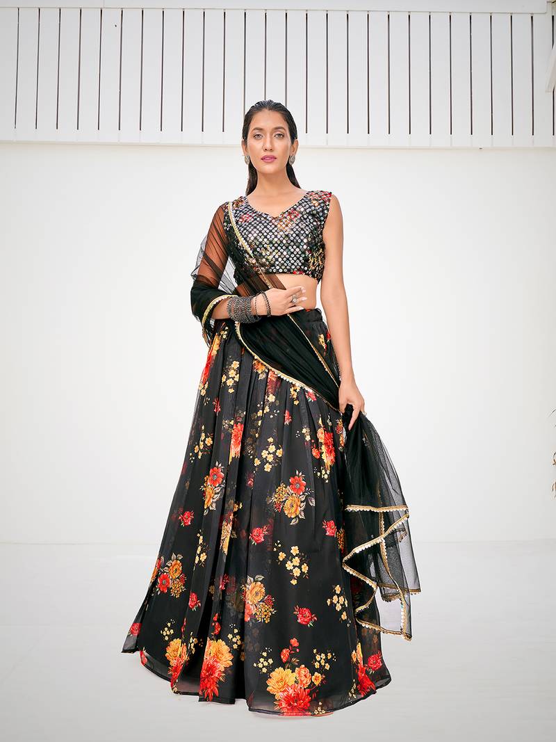 Superior Sable Black Organza Floral Printed Party Wear Lehenga Choli