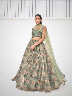 Green Organza Printed Lehenga  1