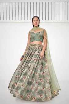 Green Organza Printed Lehenga 