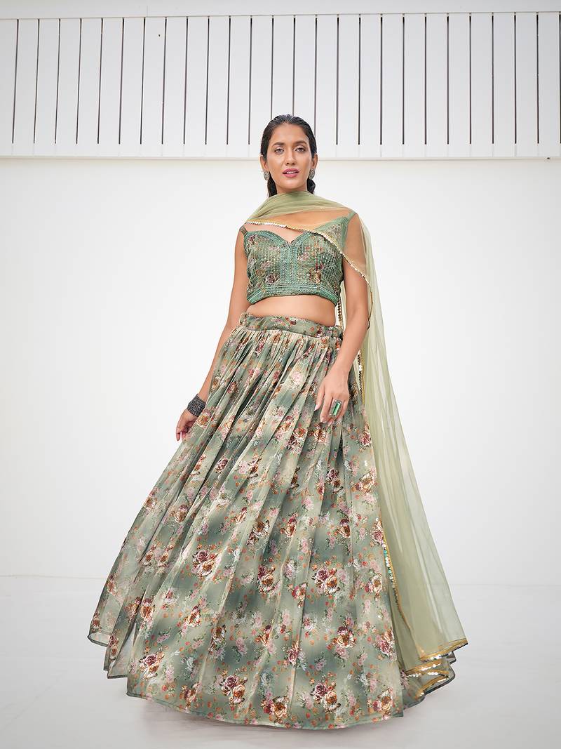 Green Organza Printed Lehenga 
