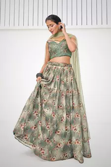 Green Organza Printed Lehenga 
