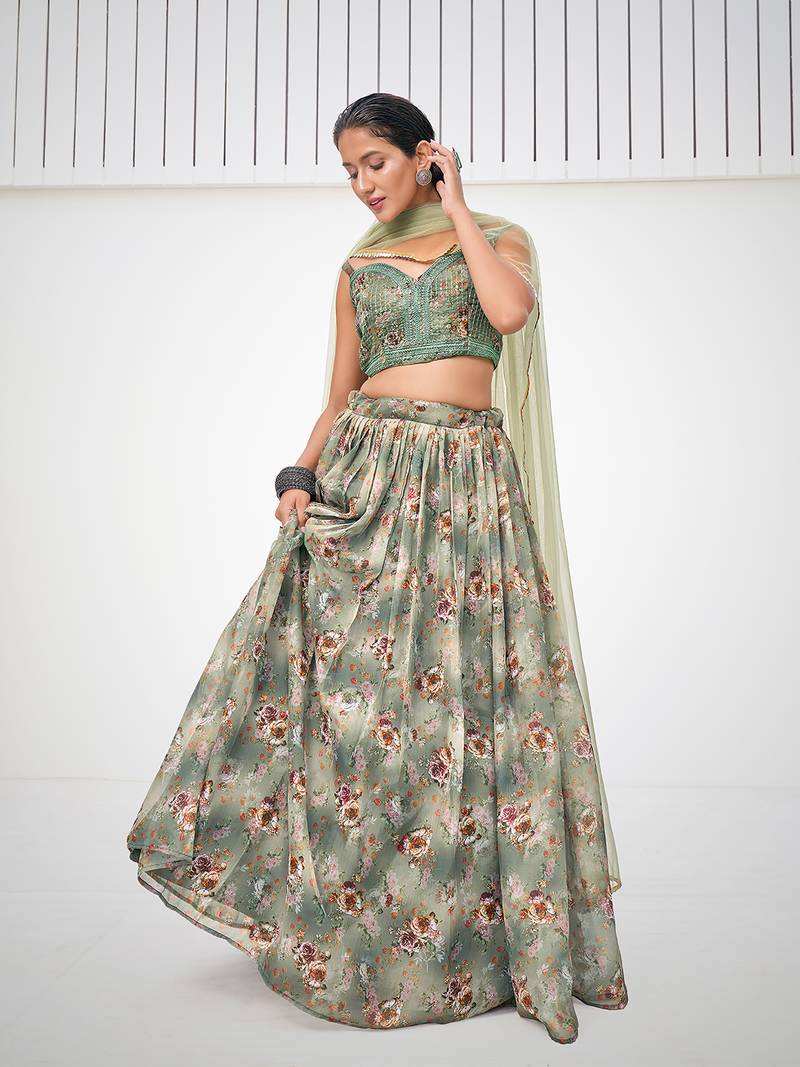 Green Organza Printed Lehenga 