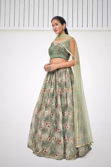 Green Organza Printed Lehenga 
