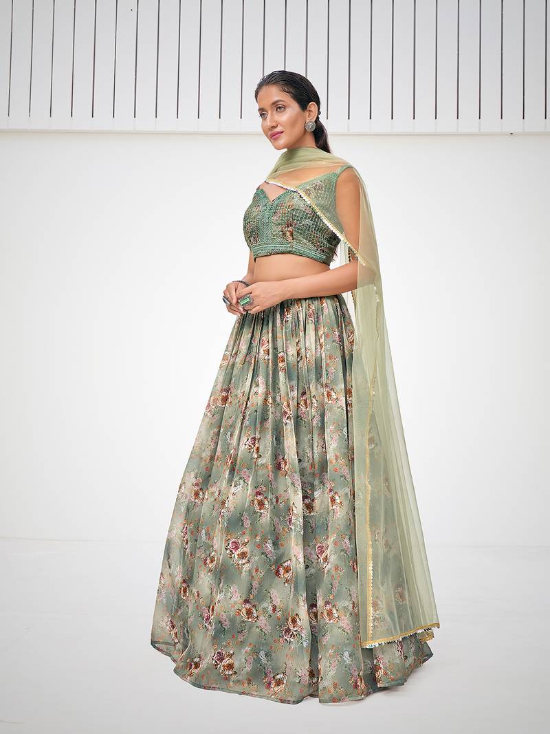 Green Organza Printed Lehenga 