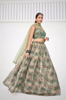 Green Organza Printed Lehenga 