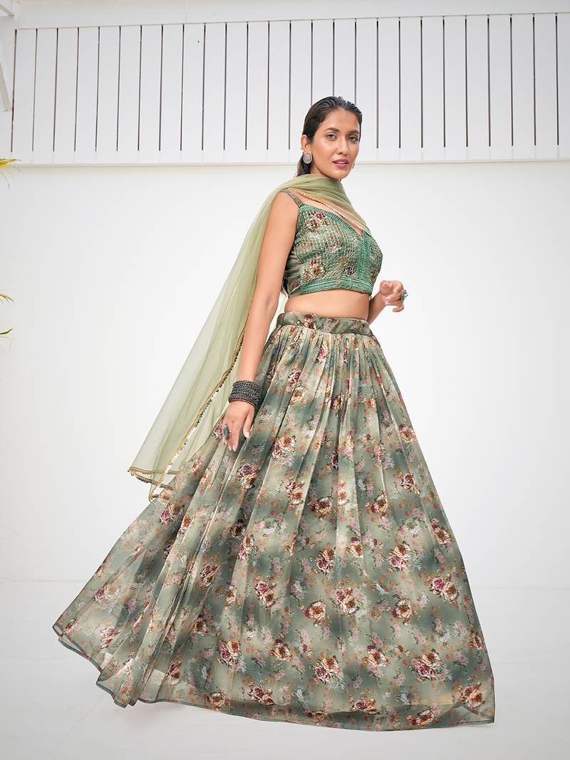 Green Organza Printed Lehenga 