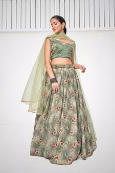Green Organza Printed Lehenga 