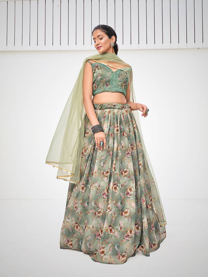 Green Organza Printed Lehenga 