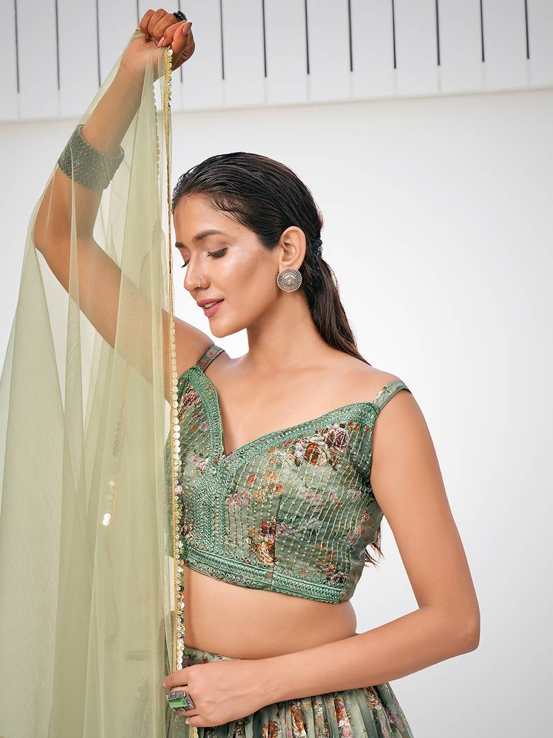 Green Organza Printed Lehenga 