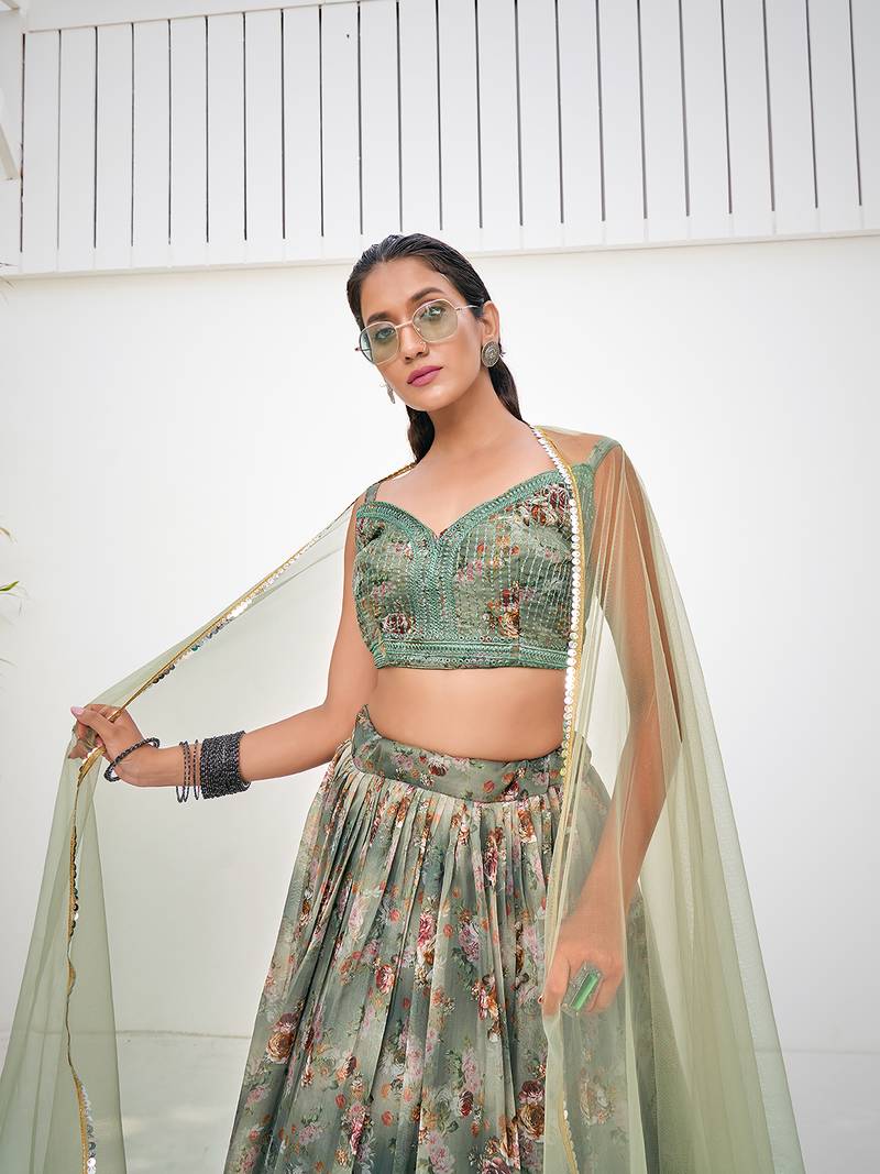 Green Organza Printed Lehenga 