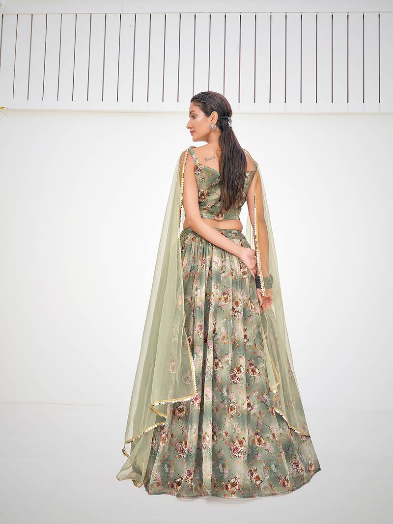 Green Organza Printed Lehenga 