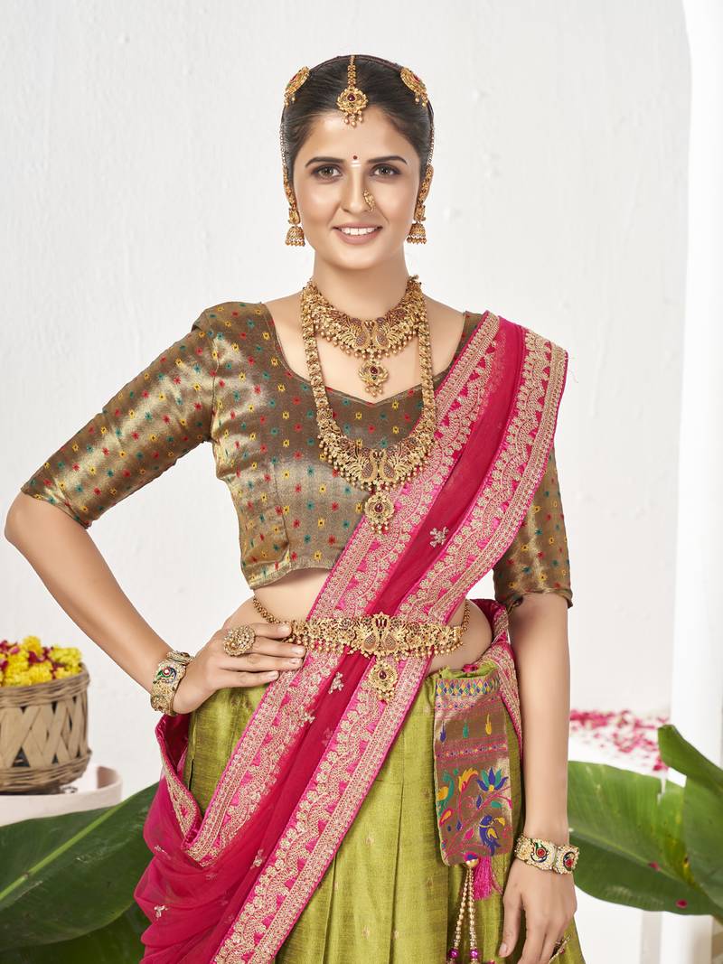 Parrot Green Banarasi semi stitched Lehenga & Unstitched Blouse With Dupatta