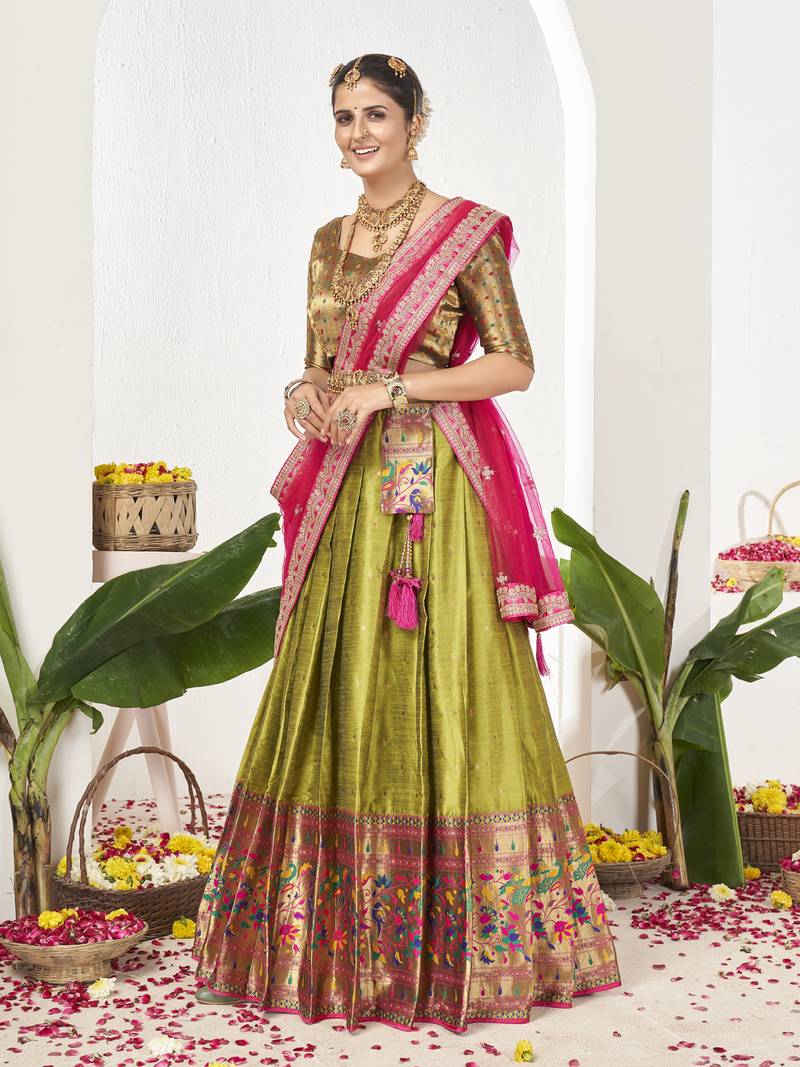 Parrot Green Banarasi semi stitched Lehenga & Unstitched Blouse With Dupatta