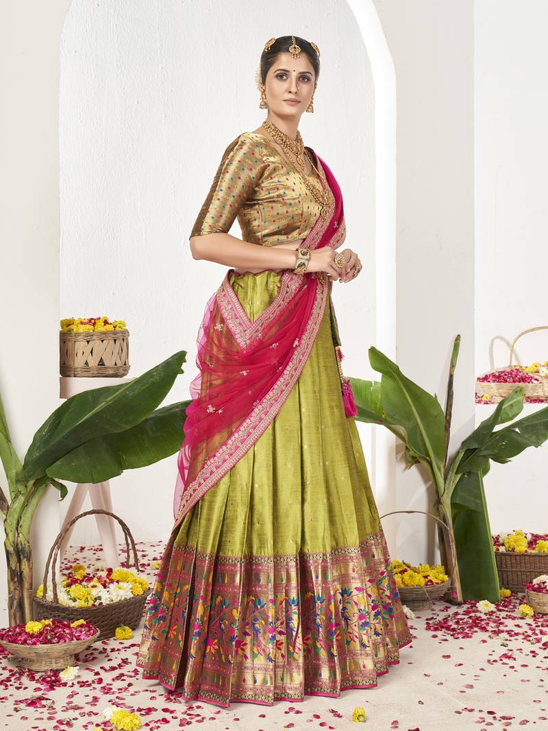 Parrot Green Banarasi semi stitched Lehenga & Unstitched Blouse With Dupatta