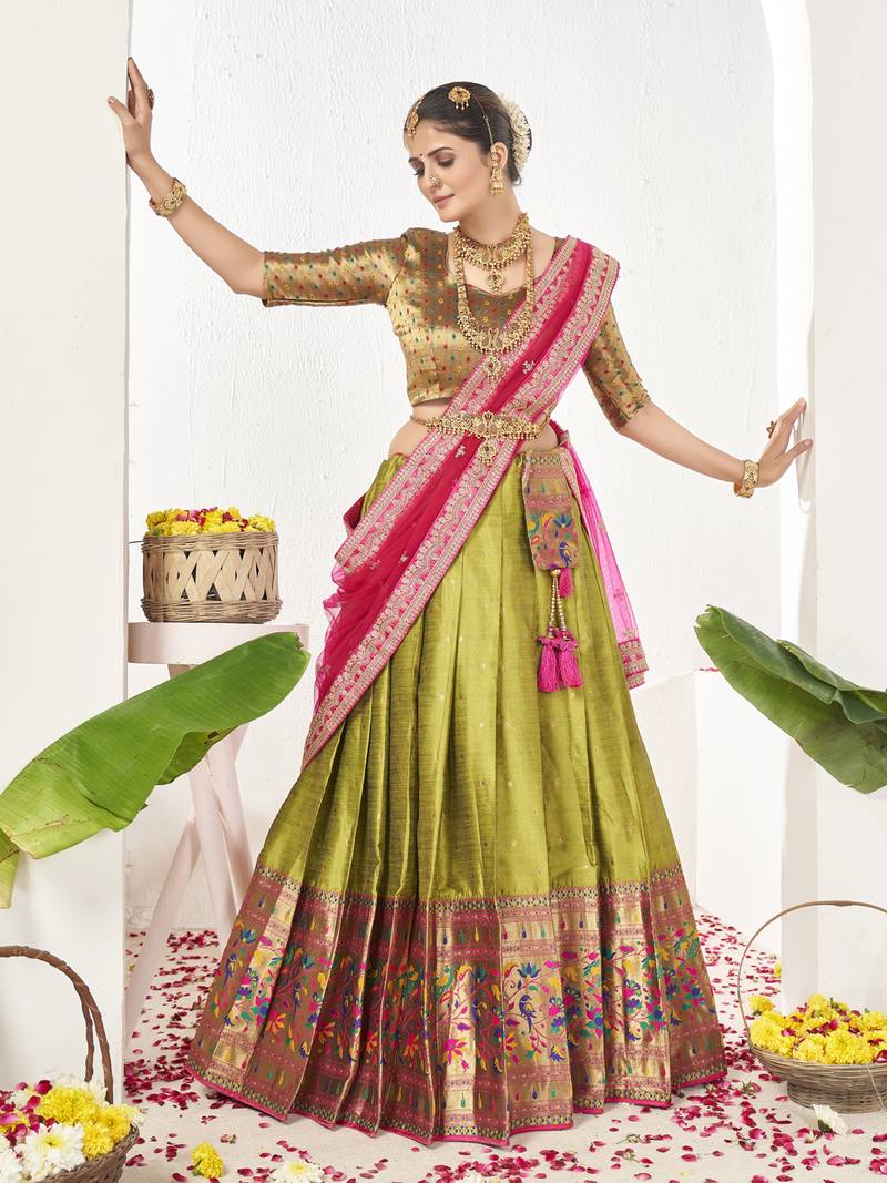 Parrot Green Banarasi semi stitched Lehenga & Unstitched Blouse With Dupatta