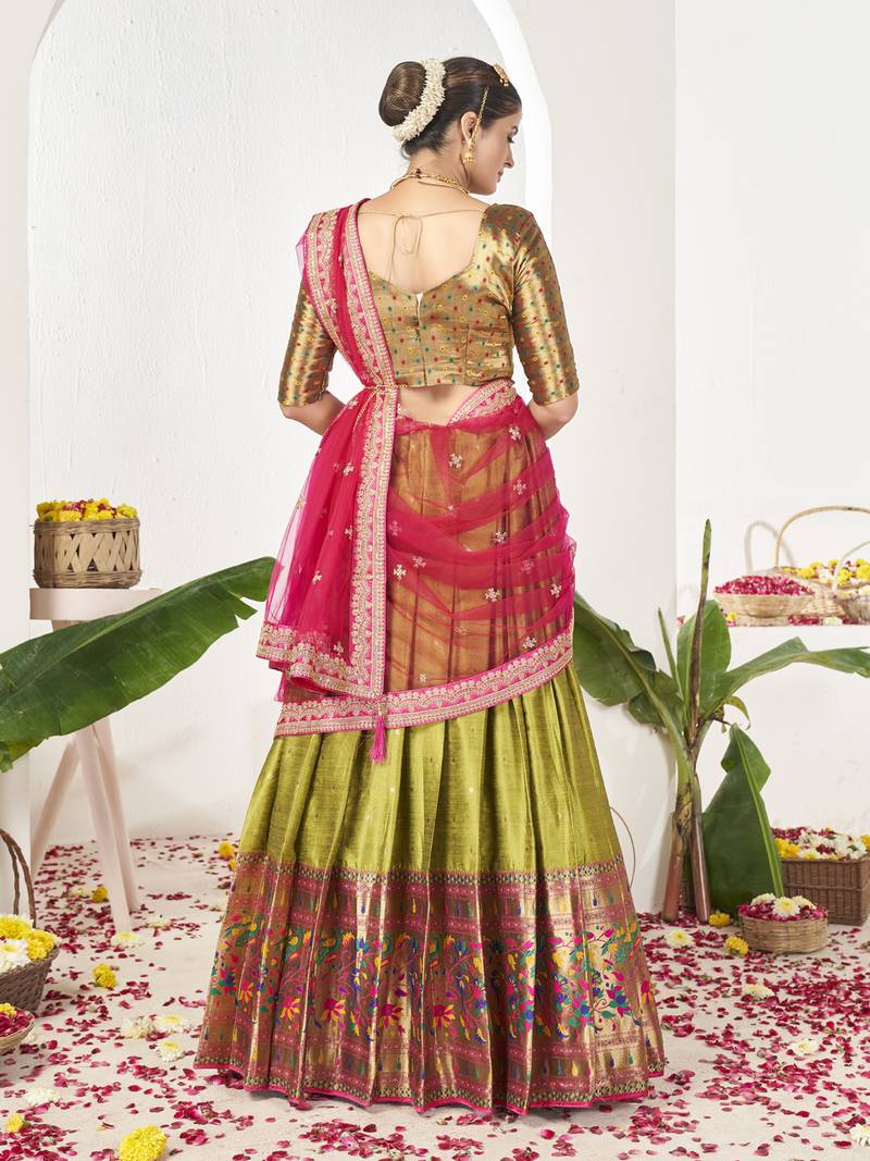Parrot Green Banarasi semi stitched Lehenga & Unstitched Blouse With Dupatta