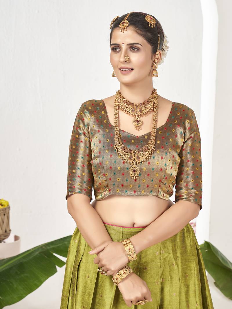 Parrot Green Banarasi semi stitched Lehenga & Unstitched Blouse With Dupatta